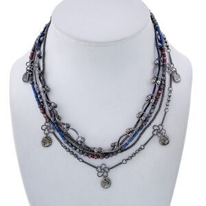 Estate Silver-Tone 5 Strand Blue Red Beaded Charm Necklace 15.25"